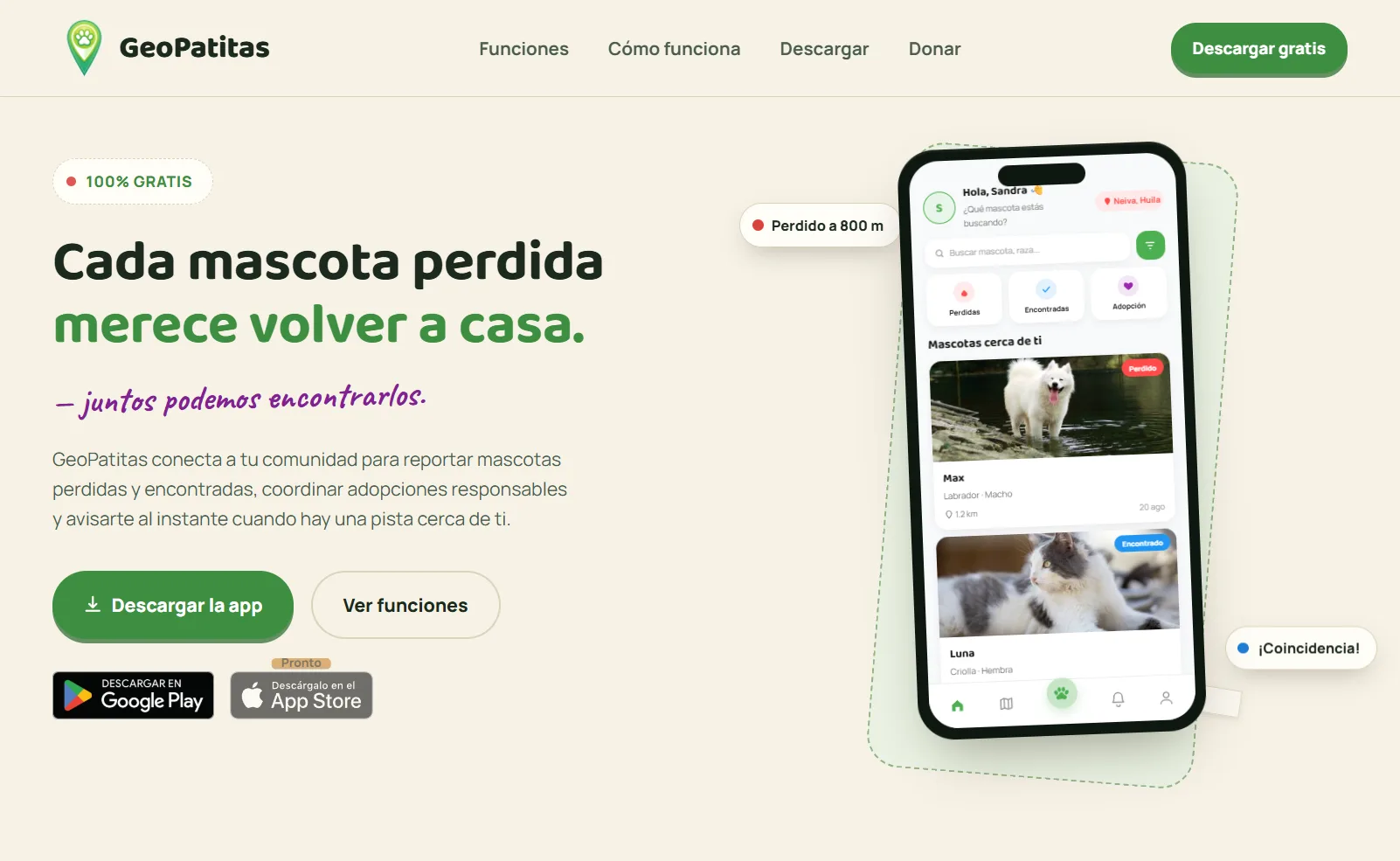 Captura de la página principal de GeoPatitas